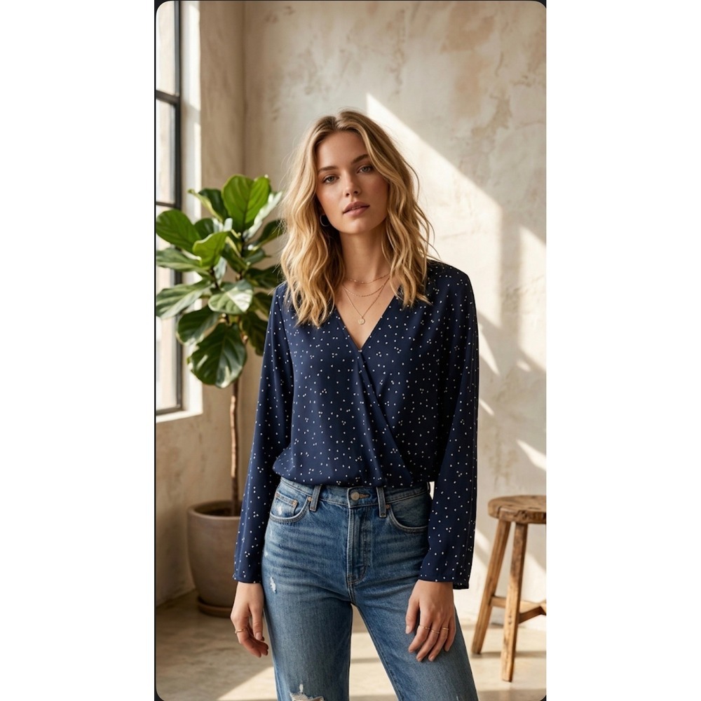 Madewell Navy Blue Heart Print 100% Silk Wrap Front Blouse Navy White Large L